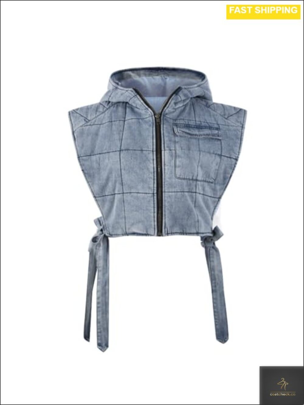 Womens Quilted Denim Vest Hooded Oversized Sleeveless Zip Up Jacket